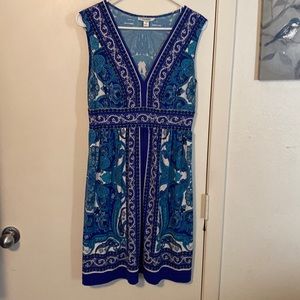 Vibrant colors of blues, greens & white sleeveless dress.